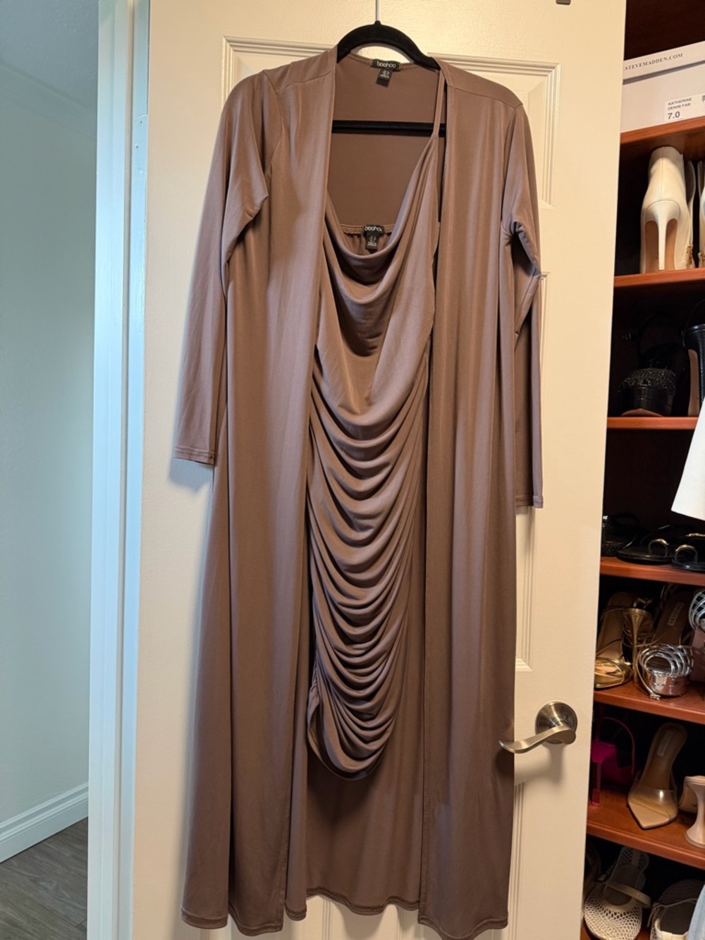 Boohoo Taupe Draped Cowl Long Sleeve Midi Dress